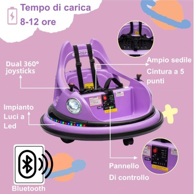 Autoscontro Elettrico per Bambini 12V Girevole 360° con Telecomando, Cintura di Sicurezza, Luci LED e Musica