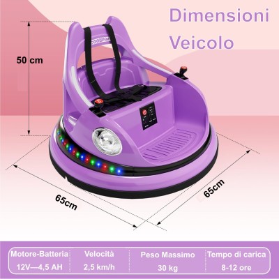 Autoscontro Elettrico per Bambini 12V Girevole 360° con Telecomando, Cintura di Sicurezza, Luci LED e Musica