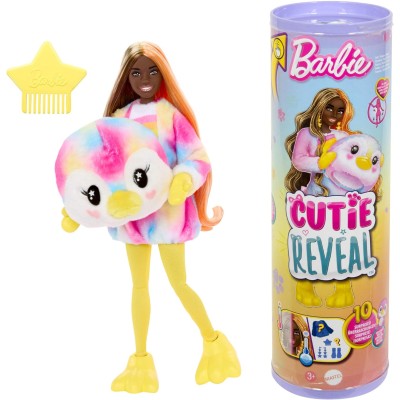 Mattel HRK37 Barbie Cutie Reveal Color Dream Barbie cambia colorecon costume da pinguino tye-die e 10 accessori a sopresa