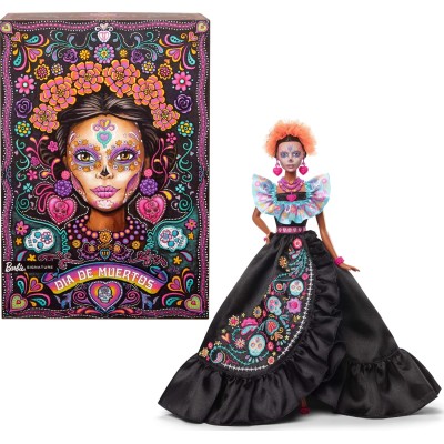 Mattel HRM72 Barbie Signature Día De los Muertos 2024 in abito nero e top con volant blu e accessori colorati