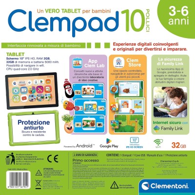 Clementoni 16795 Clempad Tablet Educativo 3-6 anni Schermo 10 Pollici IPS HD Screen Memoria 32 GB RAM 2G Android 13