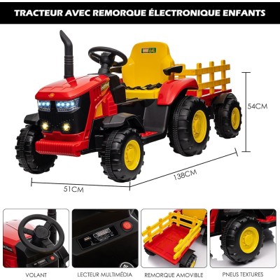 Trattore Elettrico per Bambini 12V con Rimorchio - Maxi Trattore Cavalcabile con ruote in gomma