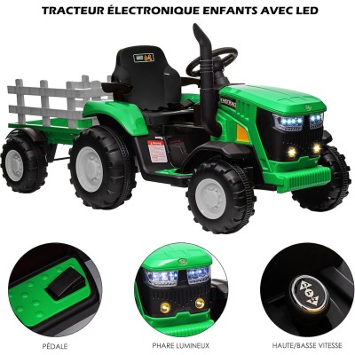 Trattore Elettrico per Bambini 12V con Rimorchio - Maxi Trattore Cavalcabile con ruote in gomma