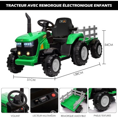 Trattore Elettrico per Bambini 12V con Rimorchio - Maxi Trattore Cavalcabile con ruote in gomma