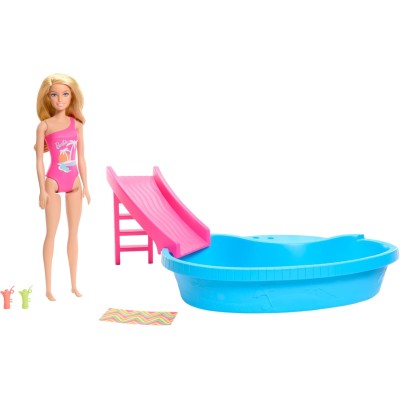 MAttel HRJ74 Barbie Piscina con bambola piscina scivolo telo e bevande