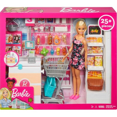 Mattel FRP01 Barbie Supermercato con Carrello, Nastro Trasportatore Funzionante, bambola e Tanti Accessori