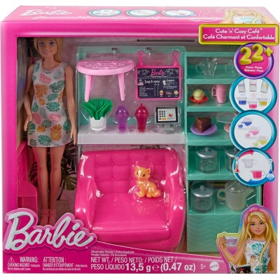 Mattel HKT94 ​Barbie Caffetteria Dolci Momenti playset con teiera cambia colore 1 gattino e 21+ accessori