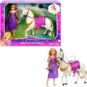 Mattel HLW23 Disney Princess Rapunzel e Maximus con Pascal spazzola e accessori da equitazione