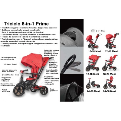 Triciclo per Bambini 6 in 1 Passeggino Evolutivo Prime con Sedile Girevole e reclinabile