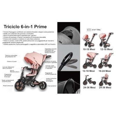Triciclo per Bambini 6 in 1 Passeggino Evolutivo Prime con Sedile Girevole e reclinabile