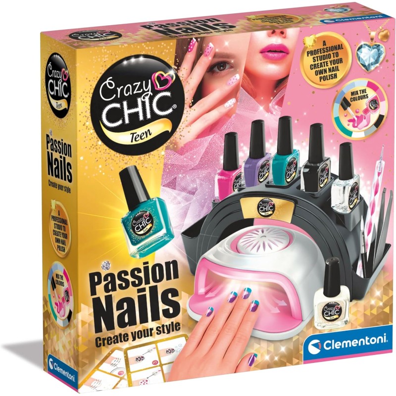 Clementoni 18784 Crazy Chic Nail Passion Kit Decorazione Unghie con Macchina Asciuga Smalto