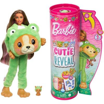 Mattel HRK24 Barbie Cutie Reveal Serie Amici Cuccioli Bambola con Costume da Rana e 10 Accessori a Sorpresa Cambia Colore