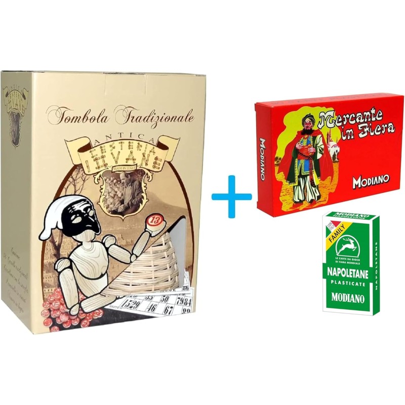 Tombola Napoletana con numeri in legno Panariello in Vimini e carte da gioco Napoletane