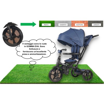 Triciclo Passeggino per Bambini New Prime 6 in 1 con PARAPIOGGIA