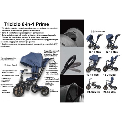 Triciclo Passeggino per Bambini New Prime 6 in 1 con PARAPIOGGIA