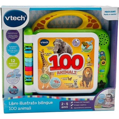 VTech 609507 Libro Illustrato Bilingue 100 Animali Libro Sensoriale in Italiano e Inglese con 3 Modalità di gioco