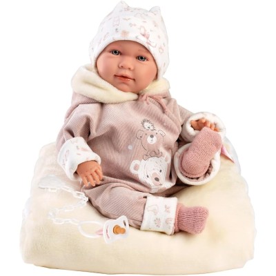 Giocheria Llorens 1017406 Reborn Mimi 42cm con occhi azzurri e Oufit con stampa orso, ciuccio e cuscino