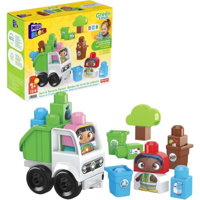 Mattel HDL06 Mega Bloks Green Town Squadra Raccolta Differenziata con 18 Grandi Blocchi tra cui 2 Personaggi