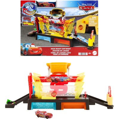 Mattel JBM70  Disney Pixar CARS Autolavaggio Corsa Cambia Colore con rampa, vasca e Saetta McQueen Cambia Colore