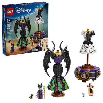 LEGO Disney 43262 Abiti di Malefica e Crudelia De Mon con Espositore Personalizzabile 2 Mini Bamboline e 2 Animali