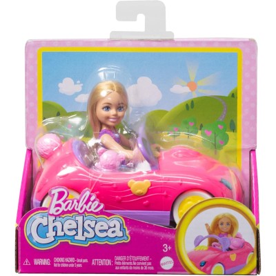 Mattel HXN05 Barbie Chelsea bionda con Gonna e Scarpe e macchinina decappottabile a Tema Orso