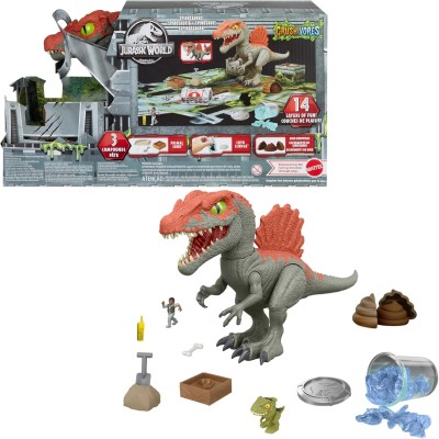 Mattel HTP71 Jurassic World Crushivores Spinosauro Cage Crasher con accessori a sorpresa sabbia gel e pasta