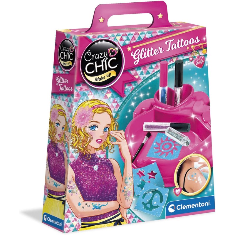 Clementoni 18513 Crazy Chic Glitter Tattoo Kit per Tatuaggi Temporanei Glitterati con Stencil Adesivi e Decorazioni per il Corpo