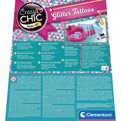 Clementoni 18513 Crazy Chic Glitter Tattoo Kit per Tatuaggi Temporanei Glitterati con Stencil Adesivi e Decorazioni per il Corpo