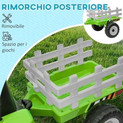 Trattore Elettrico 12V per Bambini Cavalcabile con Pala Meccanica Ruspa Scavatrice e Rimorchio