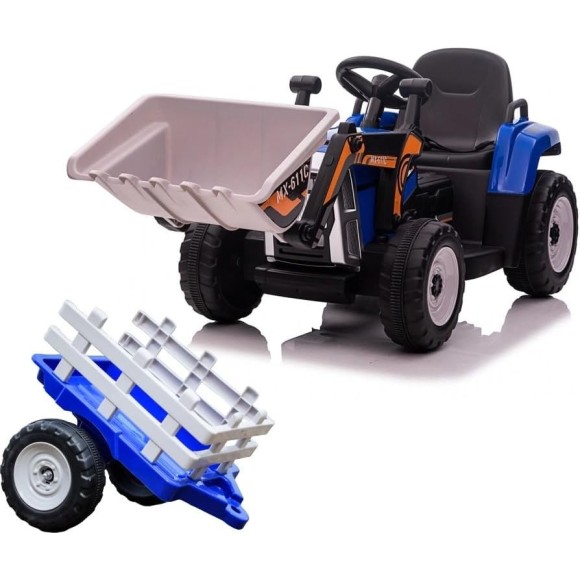 Trattore Elettrico 12V per Bambini Cavalcabile con Pala Meccanica Ruspa Scavatrice e Rimorchio