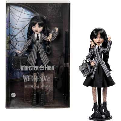 Mattel HXJ04 Monster High Mercoledì Addams in uniforme Nevermore Academy con Mano zaino e piedistallo