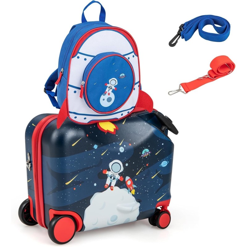 MonTravel Valigia Trolley Cavalcabile per Bambini con Asta Telescopica Poggiapiedi e Zainetto MT-025 Spaceman