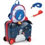 MonTravel Valigia Trolley Cavalcabile per Bambini con Asta Telescopica Poggiapiedi e Zainetto