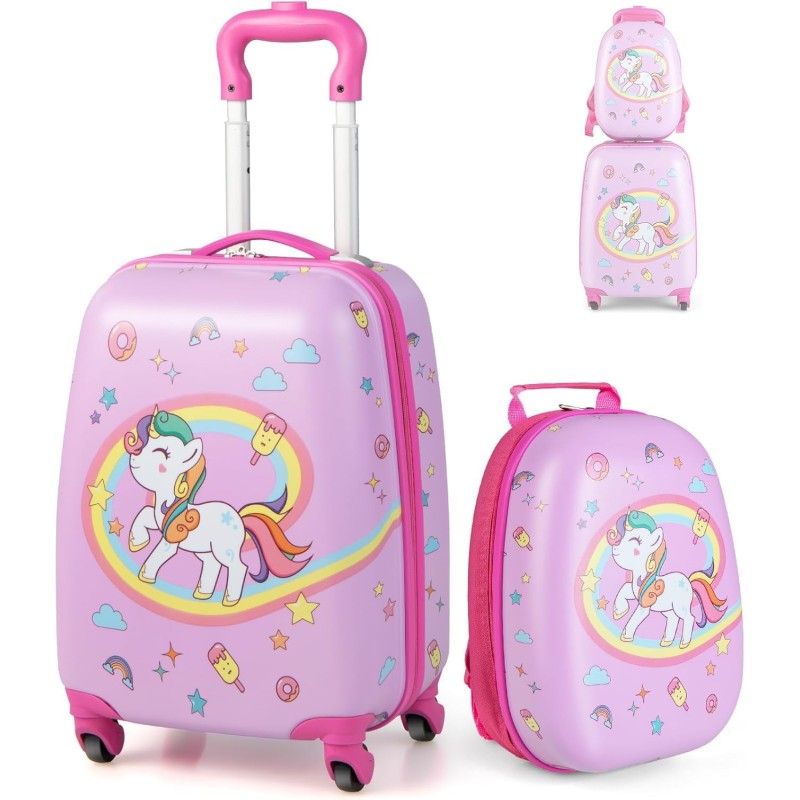 MonTravel Set Trolley Unicorno per Bambini 2 Pezzi Valigia Rigida e Zainetto Bagaglio a Mano con Ruote Girevoli MT-024 Horse