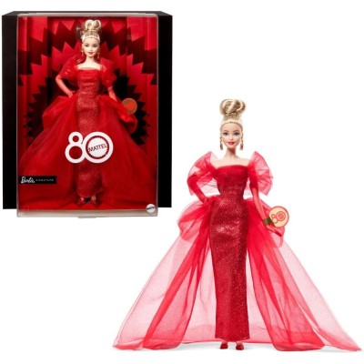 Mattel JBJ17 Barbie Signature 80° Anniversario Mattel - Barbie con abito in tulle rosso orecchini a goccia e guanti velati