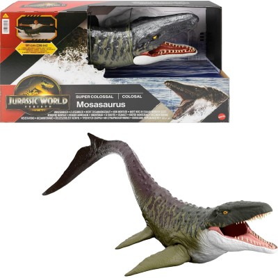 Mattel JGB51 Jurassic World Rebirth Mosasauro Super Colossale enorme dinosauro snodato con due mosse d'attacco