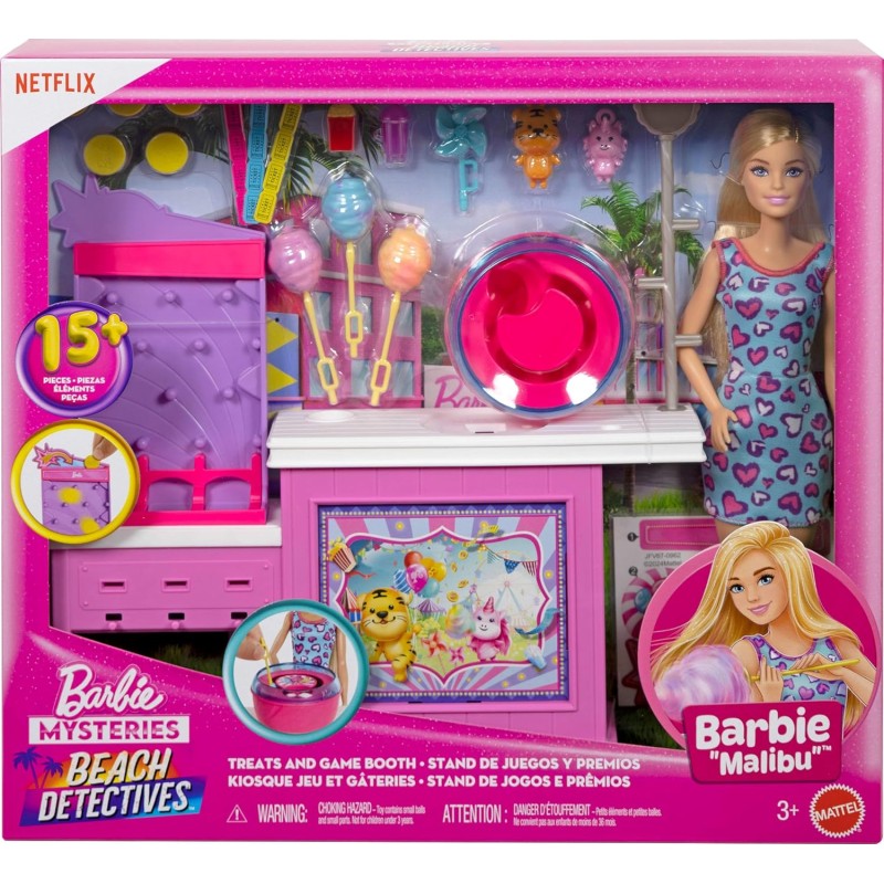 Mattel JFV67 Barbie Mysteries: Beach Detectives - Malibu e chiosco dello zucchero filato e 20 accessori inclusi