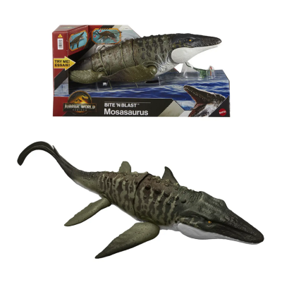 Mattel JCH00 Jurassic World Rebirth Mosasauro Morso Letale snodato con enormi fauci e mini dilofosauro