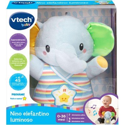 VTech 508607 Nino Elefantino Luminoso Peluche Interattivo con più di 45 Canzoni Frasi Cantate e Suoni della Natura