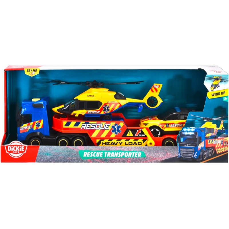 Simba 203717005 Dickie Toys Volvo FH16 Camion Rescue 40cm con 2 veicoli con luci e suoni