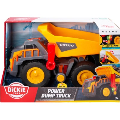 Simba 203725013 Dickie Toys Camion ribaltabile Volvo Power Dump 30cm con ruota libera controllo leva luci e suoni