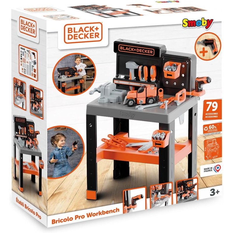 Smoby 760036740 Black & Decker Stabilito Bricolo Pro con 75 accessori 7 strumenti Aree di stoccaggio