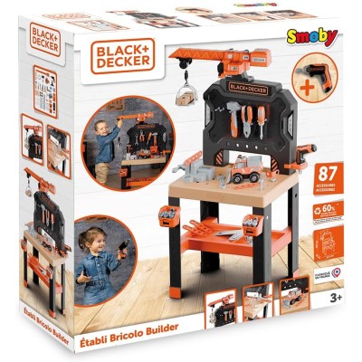 Smoby 7600360741 Black & Decker Stabilito Tavolo da Lavoro Bricolo Builder con Gru 87 Accessori e tante aree di stoccaggio