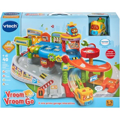 VTech 512707 Vroom Vroom Go Il Mio Primo Garage Interattivo Garage Parlante con Veicolo per Rimorchio e 9 Zone Magiche