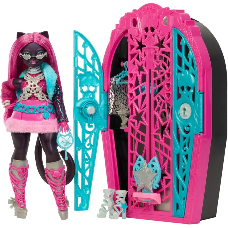 Mattel JBG82 Monster High I Misteri di Hauntlywood Catty Noir con abiti guardaroba e 19 accessori glamour