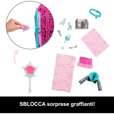 Mattel JBG82 Monster High I Misteri di Hauntlywood Catty Noir con abiti guardaroba e 19 accessori glamour