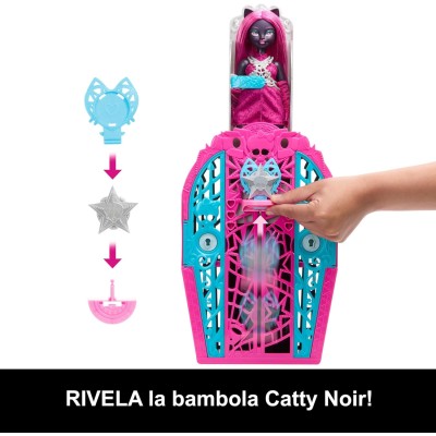 Mattel JBG82 Monster High I Misteri di Hauntlywood Catty Noir con abiti guardaroba e 19 accessori glamour