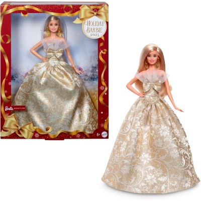 Mattel JBH95 Barbie Signature Magia delle Feste 2025 con gonna voluminosa a stampa damascata orecchini e tacchi dorati