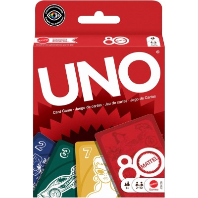 Mattel Games JGK30 - UNO 80° Anniversario Mattel versione speciale Rosso Rubino da collezione dell'iconico gioco di carte