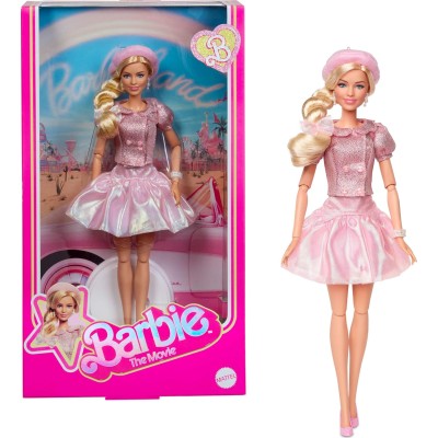 Mattel JBJ53 Barbie The Movie Margot Robbie con camicetta e gonna tutù rosa capelli acconciati e gioielli coordinati